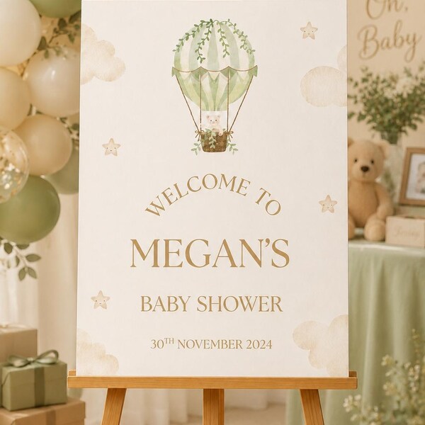 Cartel de bienvenida personalizado para baby shower – Globo aerostático verde (PDF descargable)