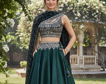 Szmaragdowo-zielona jedwabna lehenga choli z kieszeniami, indyjski designerski komplet ślubny, imprezowy, Ghagra choli, haftowana spódnica ślubna dla kobiet
