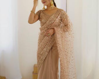 Designer Net Saree with Heavy Sequins Dori Work, Elegant Indian Party Wear & Wedding Reception Outfit, Bollywood Festival Saree For Women