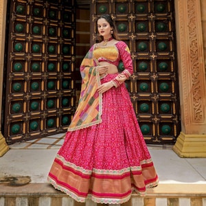 Designer Gaji Silk Embroidered Lehenga Choli, Soft Silk Indian Wedding Outfit with Sequin Detailing & Colorful Dupatta, Sabhyasachi Lehenga