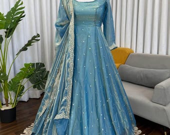 Sky Blue Anarkali Gown with Sequins Embroidery Dupatta  Indian Party Wear Ethnic Dress for Wedding Festival