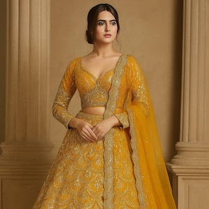 Designer Mustard Yellow Heavy Thai Silk Lehenga Choli, Sequins Dori Embroidery Work, Wedding, Reception, Party Wear Indian Outfit For Women