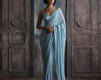 Bollywoodzkie sari z imitacji żorżety, bogaty haft cekinowy, designerski strój na wesele i przyjęcie, indyjskie sari na imprezę dla kobiet