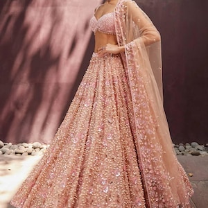 Blush Pink Georgette Lehenga Choli, Heavy Thread Sequins Pearl Beads Embroidery, Indian Bridal Wedding Reception Party Wear Outfit For Women