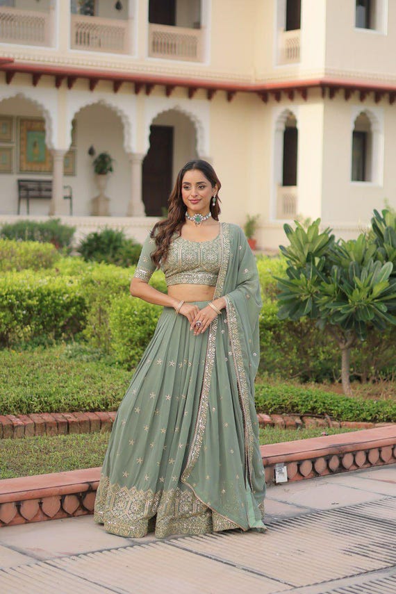 scarlett o'hara green curtain dress SAGE GREEN FLORAL PRINT & HIGHLIGHTED LEHENGA SET S main image 1