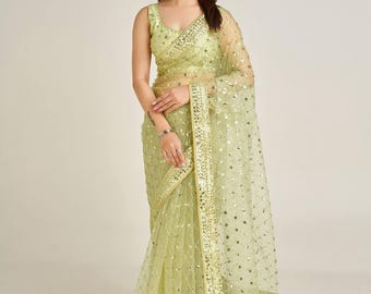 Designer Net Saree with Heavy Sequins & Dori Work  Festive Party Wear Saree  Wedding  Reception Outfit, Bollywood  Festival Saree For Women