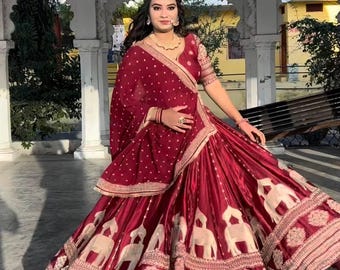 Rot Schwere Chinon Seide Lehenga Choli Mit Dupatta, Stickerei Pailletten Arbeit, Braut Hochzeit Outfit, Indischen Empfang Tragen Sabhyasachi Lehenga