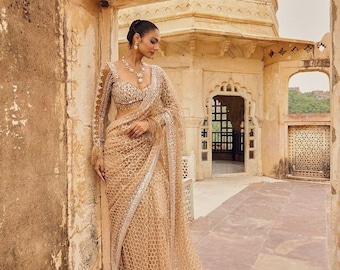 Designer Gold Net Saree, Heavy Net with Sequins Embroidery, Indian Wedding Reception Party Wear Sari, Luxury Sequin Bollywood Saree For Her