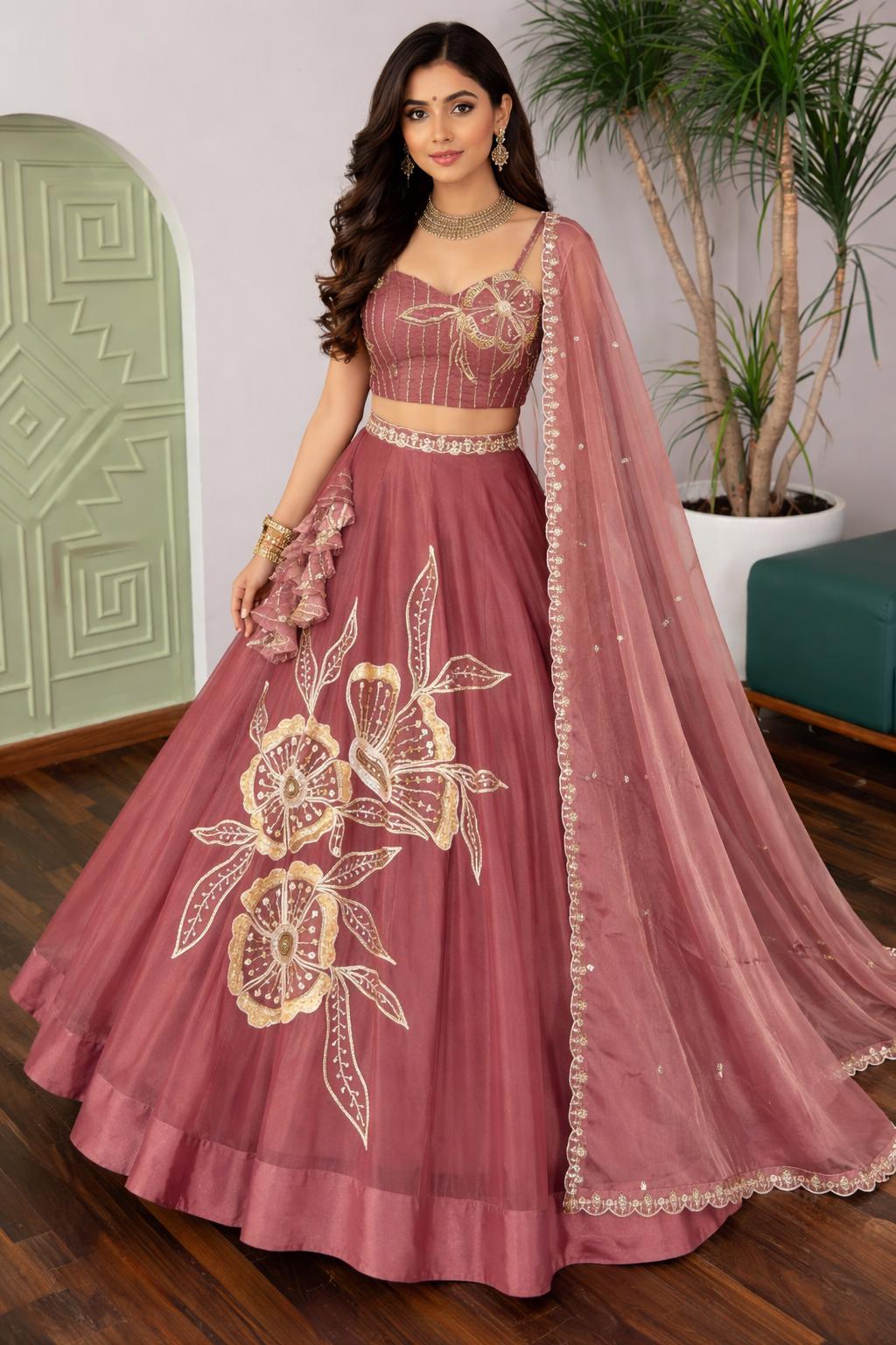 green emerald velvet dress Dusty Pink Embroidered Lehenga main image 1