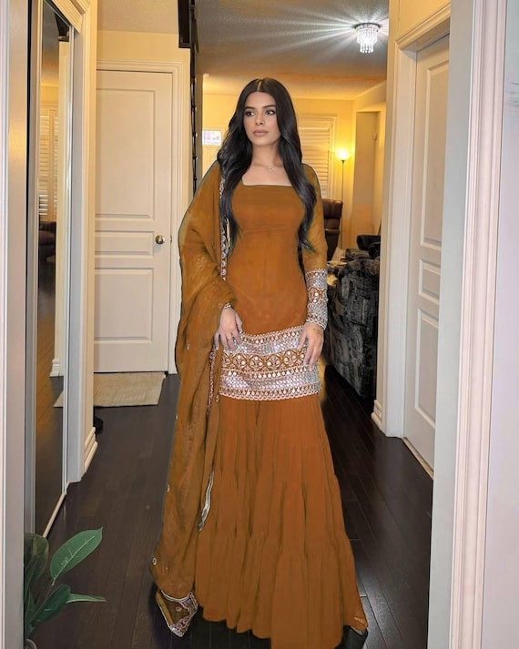 Rust Brown Georgette Embroidered Sharara Suit with Dupatta M