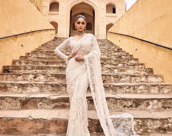 White Butterfly Net Saree, Heavy Sequins Embroidery Work, Designer Indian Wedding Saree, Party Wear Bridal Reception Outfit, Bollywood Saree