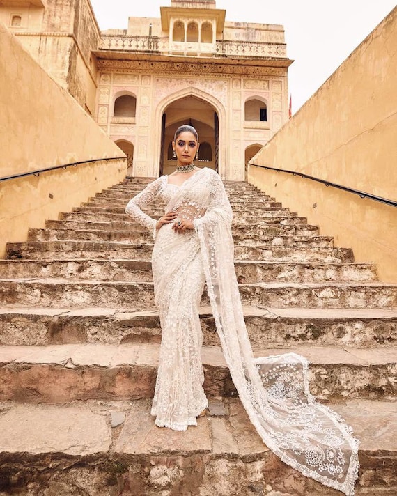 White Butterfly Net Saree, Heavy Sequins Embroidery Work, Designer Indian  Wedding Saree, Party Wear Bridal Reception Outfit, Bollywood Saree