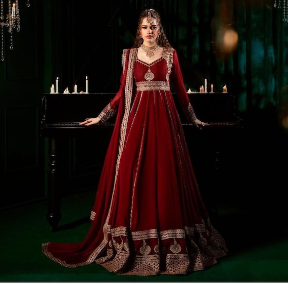 Designer Maroon Faux Georgette Anarkali Gown, Heavy Sequins Work Long Dress,  Indian Bridal Reception Outfit, Bollywood Style Festival Dress - Etsy