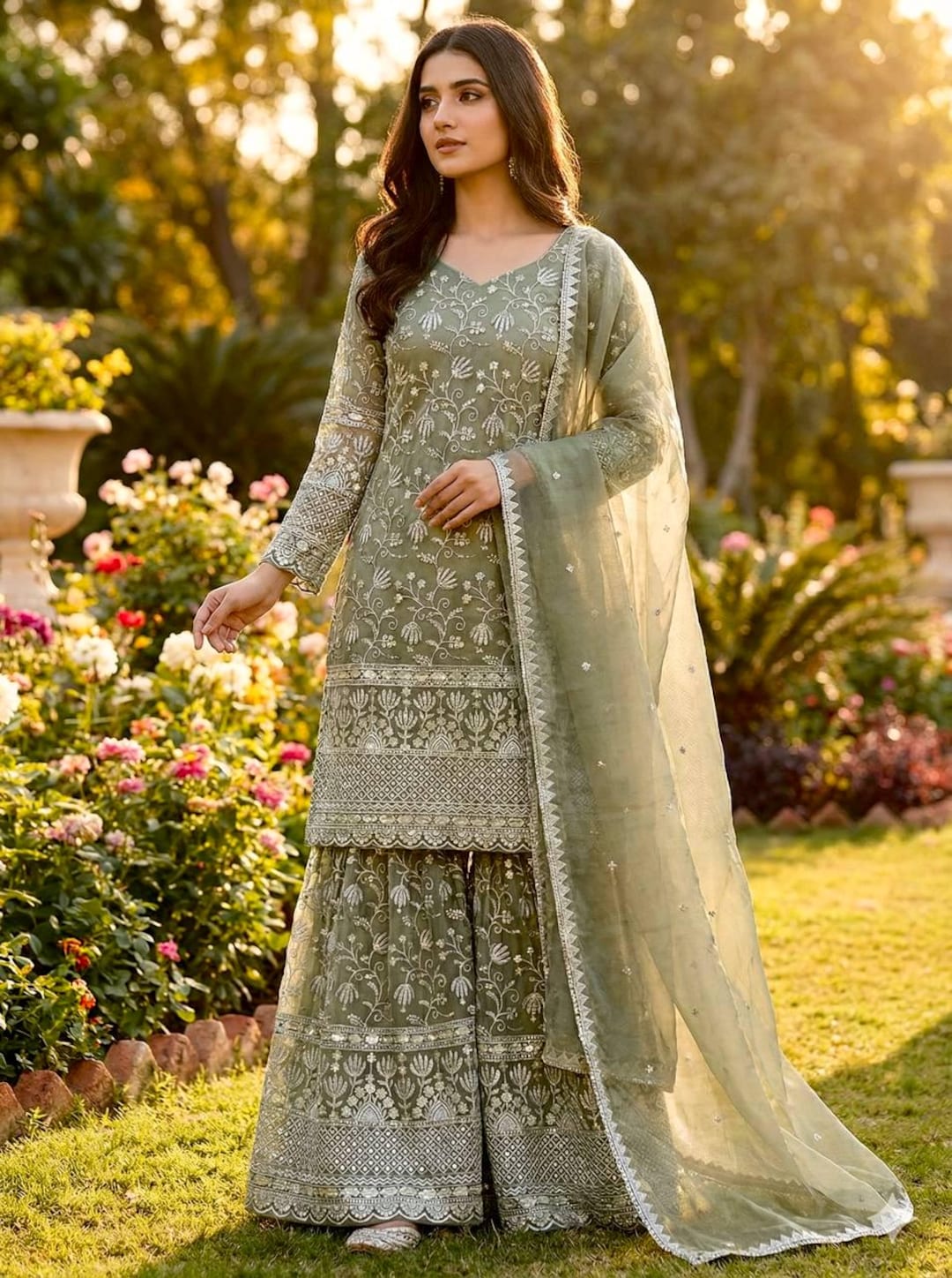 sharara dress green Georgette Embroidered Dress Sharara Party Wear Pretty Green Color Georgette  Embroidery Sharara Suit