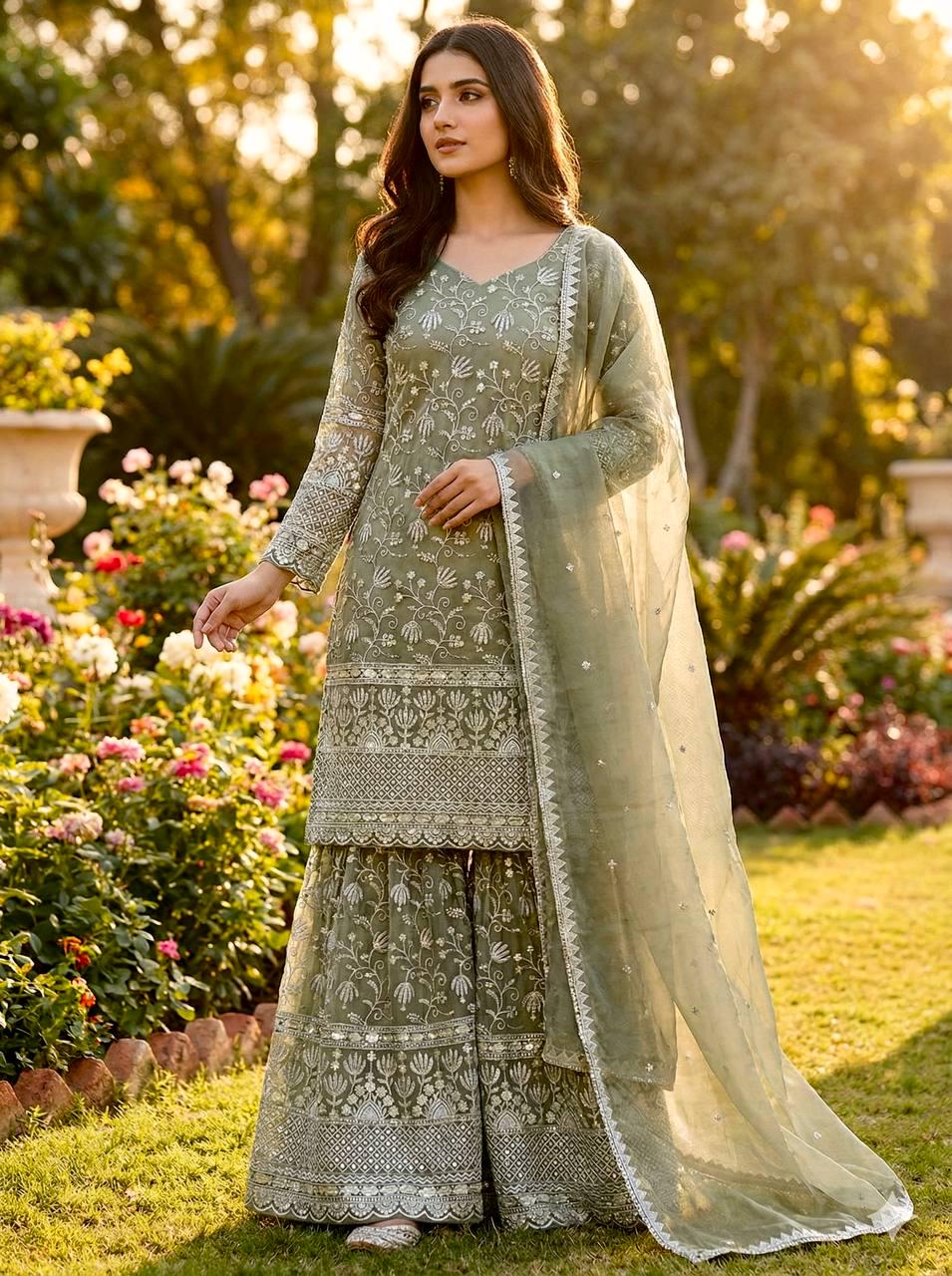 light green sharara dress Light Green Embellished Chinon Sharara Suit