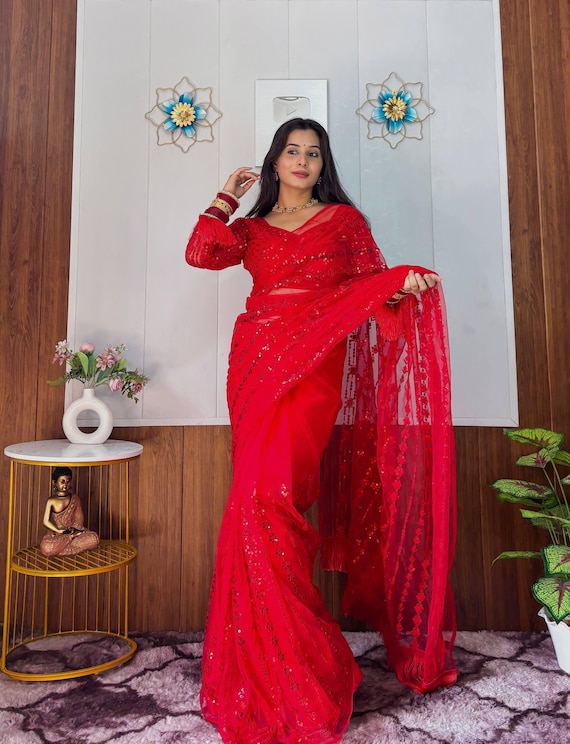 Indiase traditionele feestkleding Sari ontwerper Georgette bruiloft saree, Geel, one size Indiase traditionele feestkleding Sari ontwerper Georgette bruiloft saree, Geel, one size