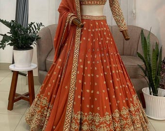 Designer Faux Georgette Lehenga Choli, Thread & Sequin Embroidery, Indian Wedding Reception Outfit, Bridal Bridesmaid Haldi Sangeet Wear