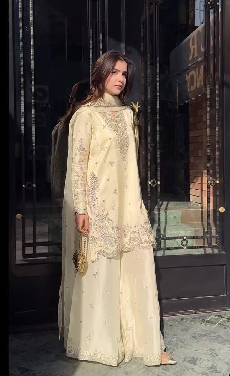 chinese dress ladies Cream and Light Green Embroidered Palazzo Suit main image 0