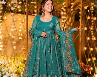 Teal Green Anarkali Gown Set with Floral Embroidery Dupatta Festive Wedding Party Wear Indian Ethnic Dress for Women Designer Outfit Gift