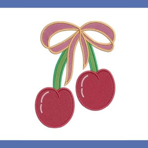 May include: Embroidered design of two cherries with a pink bow and green stems. The cherries are a deep red color with a white highlight. The bow has a pink center and gold outline. The stems are green.