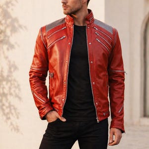 Chaqueta de cuero roja para hombre, estilo Beat It, ajustada, estilo motociclista, ideal para conciertos. Chaqueta de lujo hecha a mano.