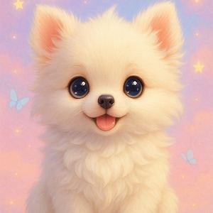 May include: A charming illustration of a fluffy white puppy with large, expressive blue eyes and a pink tongue. The background features a pastel sky with a crescent moon, stars, and butterflies, creating a whimsical and dreamy aesthetic.