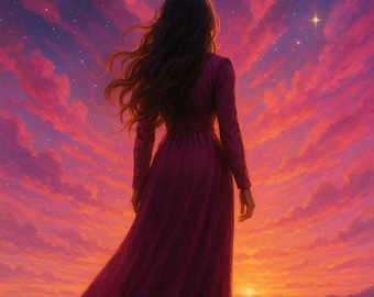Fantasy Sunset Girl Wallpaper | Digital Phone Background | PNG Instant Download