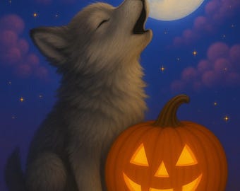 May include: An illustration of a gray wolf cub howling at a full moon in a night sky filled with stars and purple clouds. A carved orange pumpkin with a glowing face sits beside the wolf, evoking a Halloween theme.