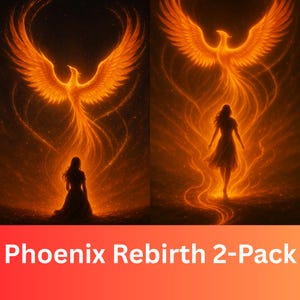 May include: Two digital art prints featuring a fiery phoenix with outstretched wings above a silhouetted figure. The artwork is predominantly orange and gold, with a dark background and the text "Phoenix Rebirth 2-Pack" at the bottom.