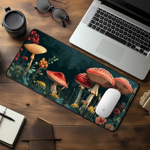 Dark Green Cottagecore Desk Mat - Mushroom & Herb Design, Anti-Slip, Durable - Perfect for Cozy, Nature-Themed Workspaces, Mouse Pad