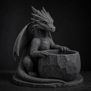 May include: A grayscale dragon statue with a textured finish. The dragon has detailed scales, wings, and a spiky crest. It is seated, holding a round, faceted bowl. The statue rests on a circular base, creating a fantasy-themed decorative piece.