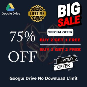 K&ouml;nnte beinhalten: Werbegrafik f&uuml;r Google Drive mit dunkelblauem Hintergrund. Sie zeigt den Text "75% RABATT" in Wei&szlig;, ein "BIG SALE" Banner und ein "LIMITED OFFER" Badge. Angebote beinhalten "KAUFE 2 BEKOMME 1 GRATIS" und "KAUFE 3 BEKOMME 2 GRATIS".