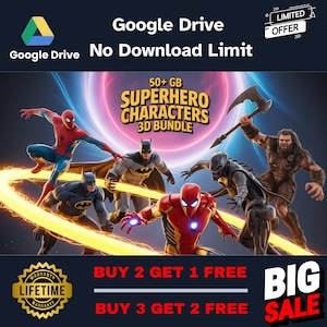 K&ouml;nnte beinhalten: Eine Werbegrafik f&uuml;r ein 3D-Bundle von Superhelden-Charakteren, mit dem Google Drive-Logo und Text. Das Bild zeigt mehrere Superhelden in Actionposen, mit Angeboten wie "Kaufe 2, erhalte 1 gratis" und "Kaufe 3, erhalte 2 gratis".