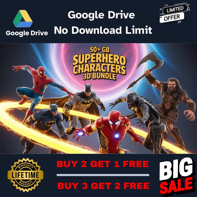 K&ouml;nnte beinhalten: Eine Werbegrafik f&uuml;r ein 3D-Bundle von Superhelden-Charakteren, mit dem Google Drive-Logo und Text. Das Bild zeigt mehrere Superhelden in Actionposen, mit Angeboten wie "Kaufe 2, erhalte 1 gratis" und "Kaufe 3, erhalte 2 gratis".