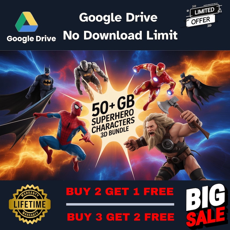 K&ouml;nnte beinhalten: Werbegrafik f&uuml;r Google Drive mit Superhelden-Charakteren. Das Bild enth&auml;lt den Text "50+ GB Superhero Characters 3D Bundle" und "Buy 2 Get 1 Free" und "Buy 3 Get 2 Free". Das Google Drive-Logo befindet sich in der oberen linken Ecke.