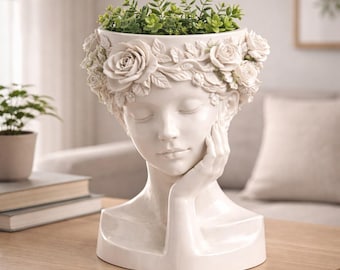 Blommig kvinnaplanter STL-fil | Kvinnligt ansikte planter STL | 3D-utskrift blomkruka STL | Kvinnohuvud planter STL | Trädgårdsdekor STL-nedladdning