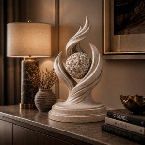 Peut inclure: Une sculpture beige représentant une sphère à surface texturée, soutenue par des formes incurvées et stylisées. La sculpture repose sur une base à gradins. Une lampe à abat-jour beige et un vase avec des plantes séchées sont en arrière-plan.