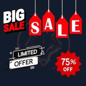 K&ouml;nnte beinhalten: Werbegrafik mit den Worten "BIG SALE" in Wei&szlig; und Rot und "SALE" auf roten Anh&auml;ngern. Es enth&auml;lt auch "LIMITED OFFER" und einen roten Stern mit "75% OFF" auf dunklem blauem Hintergrund.