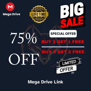 K&ouml;nnte beinhalten: Werbegrafik f&uuml;r Mega Drive mit dunkelblauem Hintergrund und wei&szlig;em und rotem Text. Sie wirbt mit 75% Rabatt und einem "Big Sale". Zus&auml;tzliche Angebote sind "Kaufe 2, erhalte 1 gratis" und "Kaufe 3, erhalte 2 gratis".