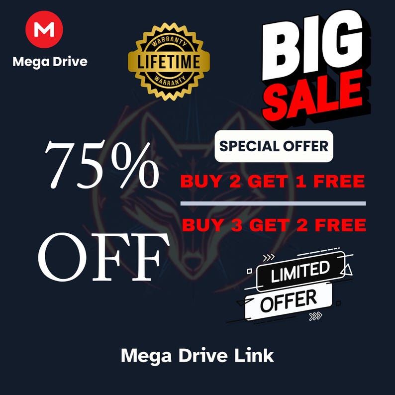 K&ouml;nnte beinhalten: Werbegrafik f&uuml;r Mega Drive mit dunkelblauem Hintergrund und wei&szlig;em und rotem Text. Sie wirbt mit 75% Rabatt und einem "Big Sale". Zus&auml;tzliche Angebote sind "Kaufe 2, erhalte 1 gratis" und "Kaufe 3, erhalte 2 gratis".