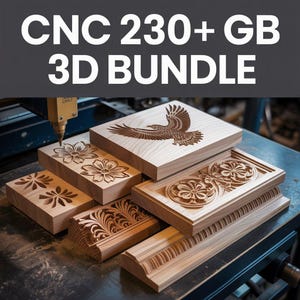 May include: A selection of wooden blocks featuring detailed 3D carvings, such as floral patterns and an eagle motif. The text "CNC 230+ GB 3D BUNDLE" is visible. The blocks are a light brown colour, suggesting they are newly crafted.