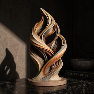 May include: A layered, abstract sculpture with a swirling, flame-like design. The sculpture features bands of tan, brown, and gray tones, mounted on a circular base. The artwork is displayed on a dark surface.