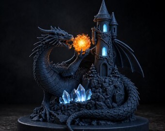 Kristalldrakeslott STL-fil | Fantasydrakeslott 3D-modell | Drakdekor STL | 3D-utskrift Fantasy Skulptur Nedladdning