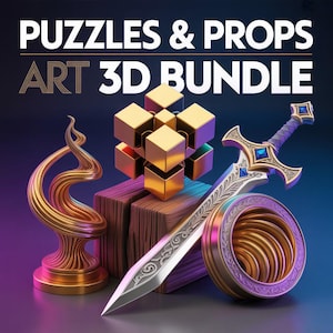 Op de afbeelding: Een 3D-kunstbundel met een gouden sculptuur, een geometrische kubus, een decoratief zwaard en een cirkelvormig object. De tekst "PUZZLES & PROPS ART 3D BUNDLE" staat bovenaan de afbeelding.