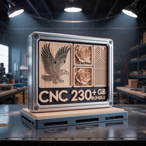 K&ouml;nnte beinhalten: Ein Holz-CNC-Maschinen-Bundle mit detaillierten Adler- und Rosen-Schnitzereien sowie dem Text "CNC 230+ GB BUNDLE". Die Maschine ist in einem silbernen Rahmen eingefasst und steht auf einem Holzsockel.
