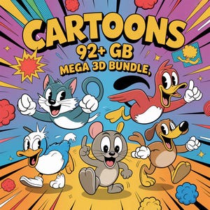 Puede incluir: Ilustración de dibujos animados coloridos con varios personajes animados, incluyendo un gato, un pato, un ratón, un perro y un pájaro. La imagen tiene el texto "CARTOONS 92+ GB MEGA 3D BUNDLE" en negrita amarilla, con un fondo de cómic.