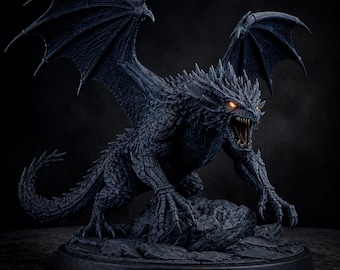 Mörk drakestaty STL-fil | Fantasydrake 3D-modell | Drakeskulptur STL | 3D-utskrift för heminredning, nedladdningsfil