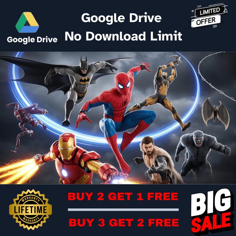 K&ouml;nnte beinhalten: Werbung f&uuml;r Google Drive mit Superhelden-Charakteren wie Batman, Spider-Man und Iron Man. Das Bild enth&auml;lt den Text &bdquo;Kein Download-Limit&ldquo; und &bdquo;Kaufe 2, erhalte 1 gratis&ldquo;. Ein Banner &bdquo;Begrenztes Angebot&ldquo; ist ebenfalls vorhanden.