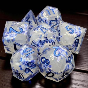 Zestaw kości DND z żywicy Blue Floral: Sparkle Polyhedral RPG Dice