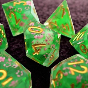 Cherry Blossom Resin Dice Set: Green Sakura Floral Polyhedral Dice